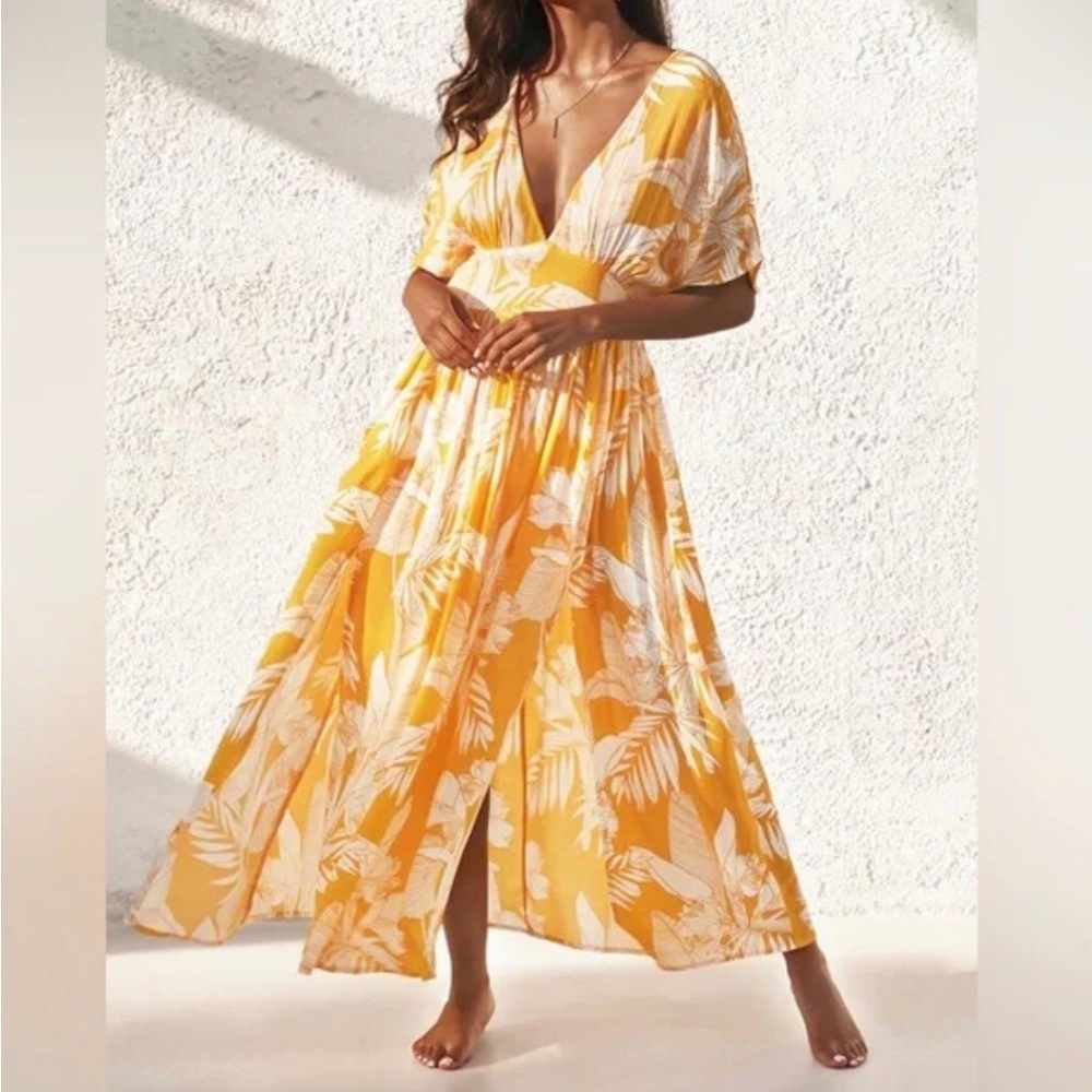 Selena Yellow Floral V-neck Maxi Dress